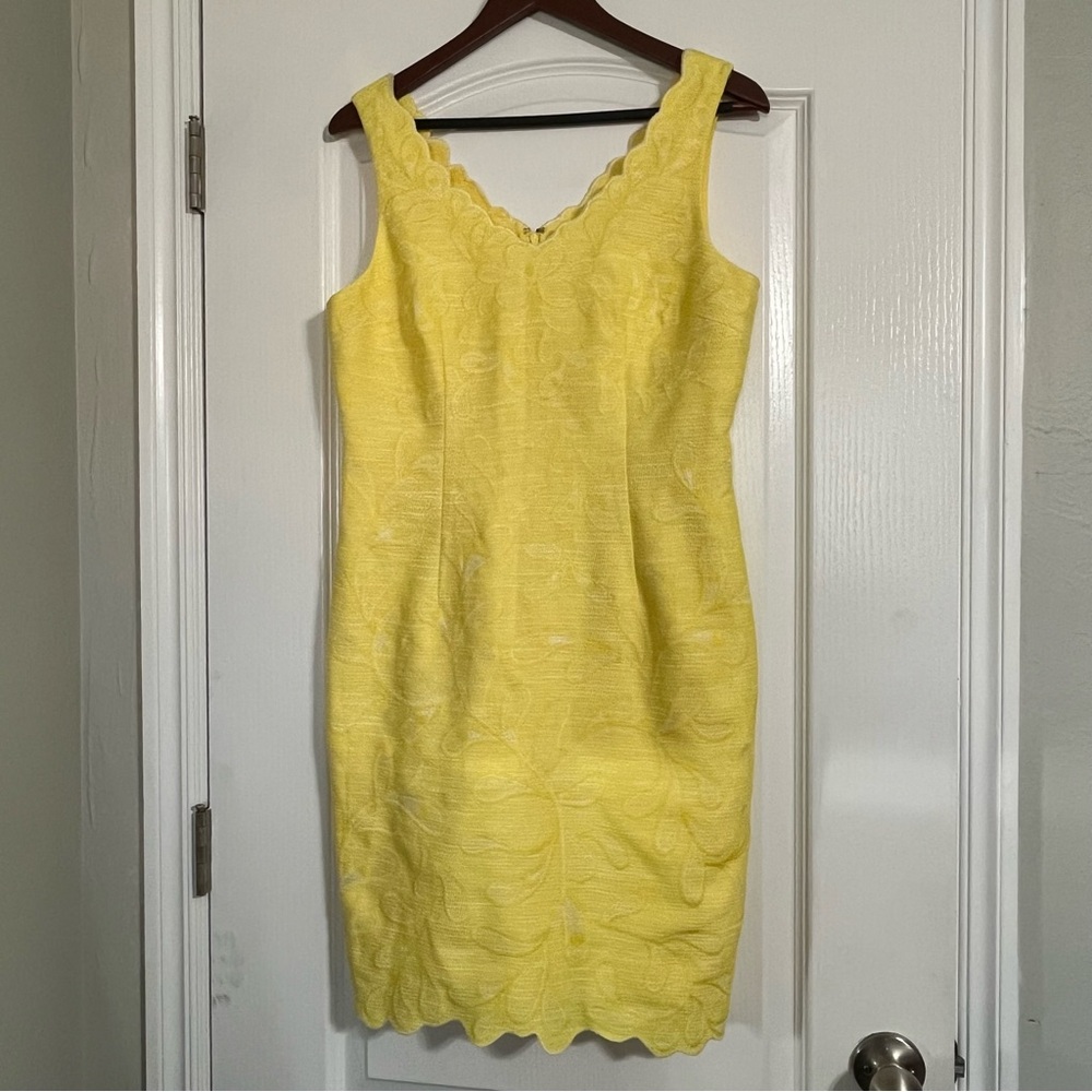 (EUC) ANTONIO MELANI Yellow Scalloped V-Neck Sheath Midi Dress Size 8